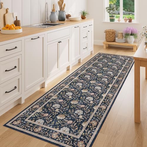 DUKINO 2x6 Runner Rug, Washable Vintage Floral Kitchen Rug, Navy Blue - Image 3