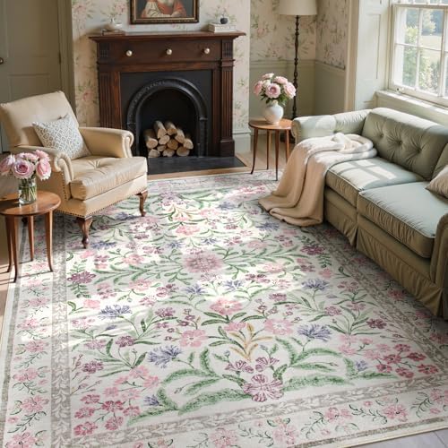 Wonnitar Purple Floral 8x10 Area Rugs, Washable Rug for Living Room, Soft Ultra-Thin Non-Shedding Large Indoor Boho Carpet for Bedroom Nursery Playroom Classroom Decor, Light Purple/Pink by Wonnitar