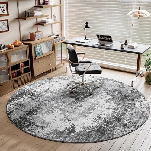 Washable 5 FT Round Rug Grey Circle Area Rugs for Entryway Kitchen, Non Slip Soft Low Pile Stain Resistant, Boho Circular Carpet for Living Room Bedroom Dorm Dining Room Table, Abstract Gray - Image 2