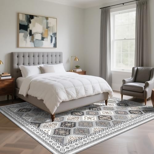 Area Rugs 9x12 Living Room, Non-Slip Vintage Boho Moroccan Rug, Gray/Gold - Image 4