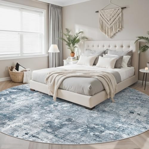 Soalmost Round Rugs 9ft Living Room Circle Area Rug 9x9 Blue/Grey Vintage - Image 3