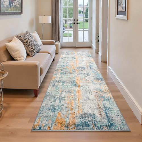 Runner Rug for Kitchen Hallways Runner Rug Non Slip 2'6''x8' Washable Blue Long Runner Rugs with Rubber Backing Soft Abstract Carpet Runner for Entryway, Kitchen, Bedroom, Bathroom - Image 2