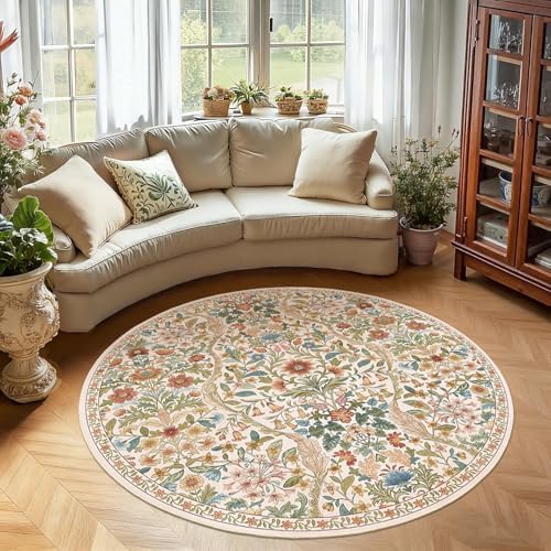 Round Rug 5ft Floral Circle Rug Beige Botanical Indoor Area Rugs by NakedCloud