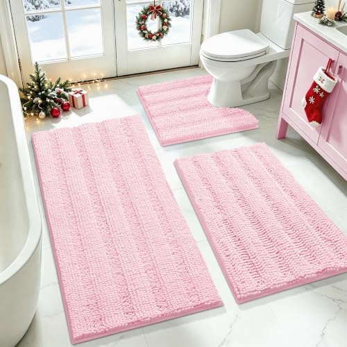 ACCUMTEK Christmas Striped Pink Bathroom Rug Set 3 Pieces Ultra Soft, Non Slip Chenille Toilet Mat, Absorbent Plush Shaggy Bath Mats for Bathroom, Bedroom, Kitchen by ACCUMTEK