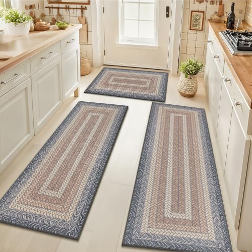 HEBE Faux Jute Kitchen Rugs Set of 3, Washable Kitchen Mats for Floor by HEBE