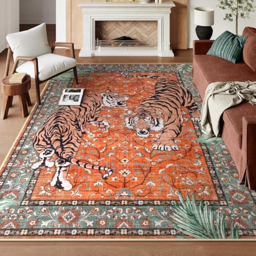 Moynesa Tiger Washable Area Rug, 9x12 Living Room Rug, Vintage Non Slip Large Rug for Dining Room, Ultra Thin Boho Soft Stain Resistant Indoor Carpet for Bedroom Guest Room, Rust by Moynesa
