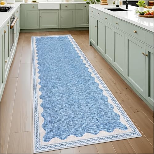 GarveeHome 2x6 Runner Rug for Hallway Washable Kitchen Rugs Non Slip Solid Blue Modern Minimalism Soft Low-Pile Scalloped Indoor Carpet for Entryway Laundry Room Floor Mats by GarveeHome