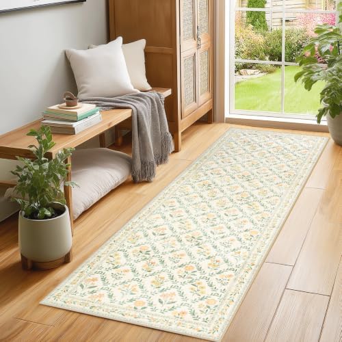 PLHXFR 2x5 Washable Runner Rug：Floral Indoor Kitchen Carpet Beige Multi - Image 3