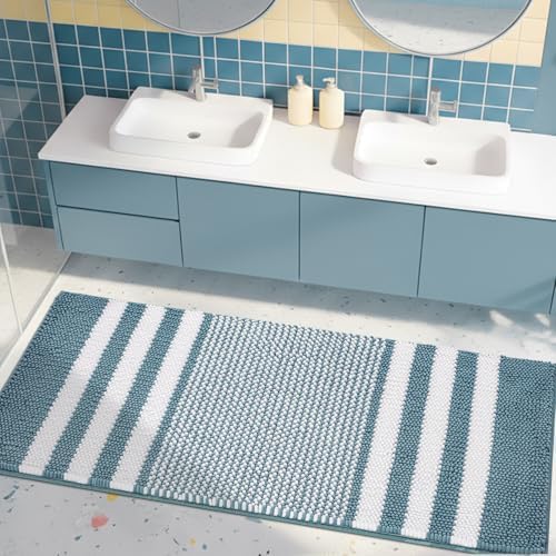 BSICPRO Large Bathroom Rugs Runner, 20x47 Chenille Bath Mats, Denim Blue by BSICPRO