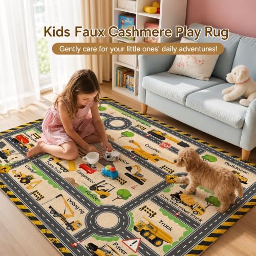 Kids Construction Playroom Rug, Faux Wool Excavator Map, Non-Slip, 4 x 6 ft - Image 4