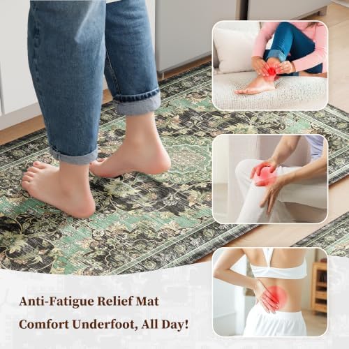 Boho Kitchen Mats for Floor 2PC Anti Fatigue Kitchen Rugs, Black Green - Image 3