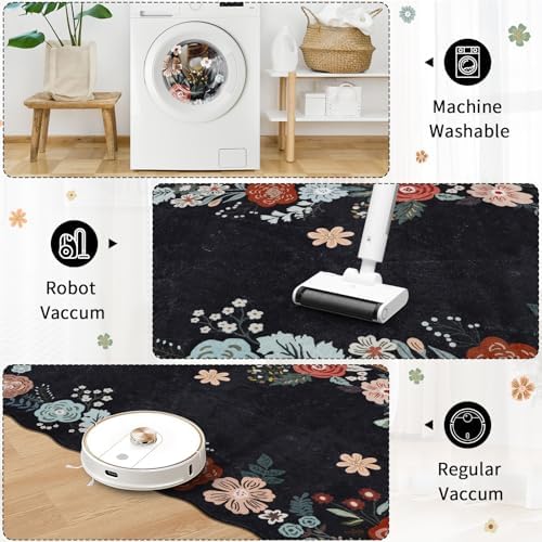 Floral Runner Rug 3x10, Washable Runners for Hallways Non Slip with Rubber Backing, Ultra Soft Cozy Faux Wool Low Pile Carpet Runners for Hallway, Kitchen, Entryway, Laundry, Bedroom, Black - Image 3