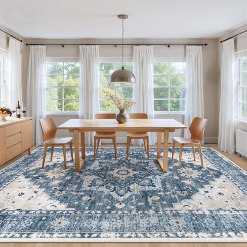 Area Rug 8x10 Vintage Rug: Large Washable Indoor Medallion Rugs Low Pile Distressed Floor Carpet Retro Accent Rug for Living Room Bedroom Kitchen Dining Table Home Office(Blue, 8'x10') - Image 3