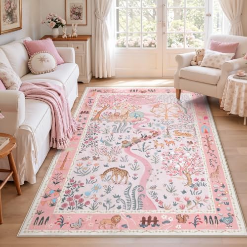 Tribesigns Washable Zoo Floral 5x7 Pink Area Rug for Girls Bedroom, Soft Cute Nursery Kids Room Rug, Non-Slip Low Pile Indoor Animal Print Carpet Rugs for Kids Playroom Living Room, Pink/5x7 - Image 2