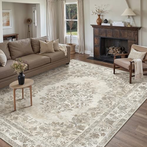 PureCozy 8x10 Washable Area Rug Living Room Cream Beige Vintage Carpet - Image 3