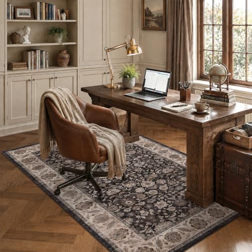 Washable 3x5 Entryway Non-Slip Area Rug Charcoal Beige Throw Carpet - Image 2