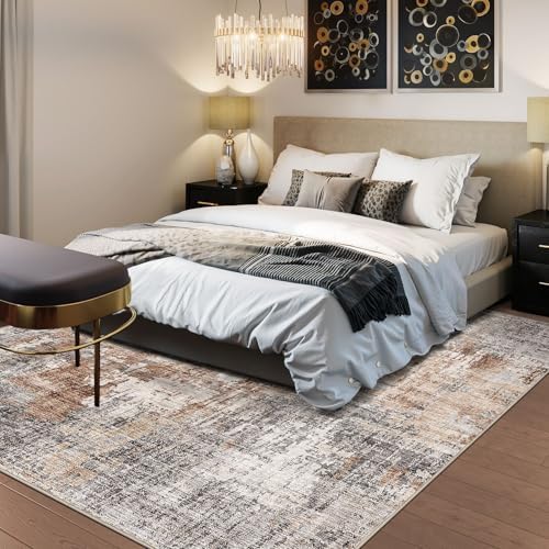 DMOYEST Square Area Rug Living Room Rugs - 8x8 Washable Large Soft Indoor Neutral Modern Abstract Low Pile Rug Carpet for Bedroom Dining Room Farmhouse Home Office - Grey Brown - Image 2