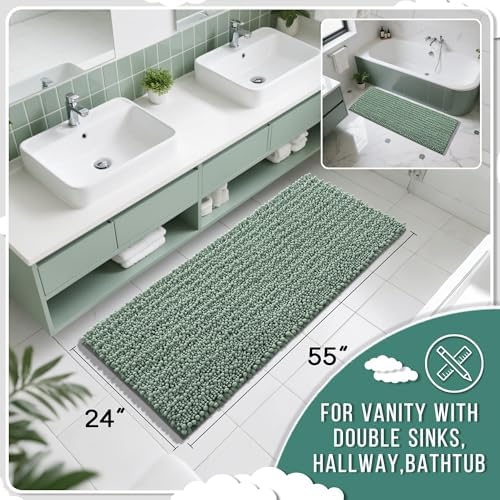 Yimobra Bathroom Runner Rug 55x24 Inch - Extra Long Non Slip Chenille Bath Mat, Soft & Absorbent, Machine Washable Shaggy Hallway Carpet for Vanity Tub Shower, Green Home Decor Accessories - Image 2