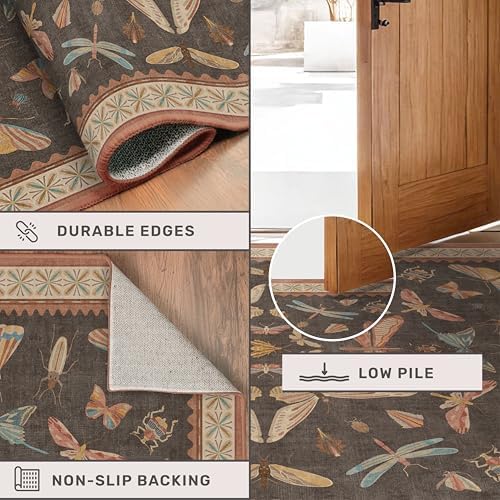 Brown 9x12 Living Room Area Rug, Washable Whimsical Insect Carpet for Bedroom & Dining Room, Farmhouse Low Pile Stain Resistant Rug - Image 4