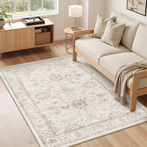 Madane Washable Area Rug 4x6 for Living Room, Soft Neutral Rugs Brown/Ivory - Image 2