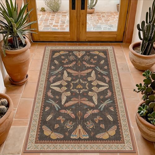 Boho Brown Farmhouse Rug 3x4, Soft Low Pile Entryway Carpet for Kitchen, Bedroom, Mudroom & Laundry Room, Vintage Insect Home Décor - Image 3