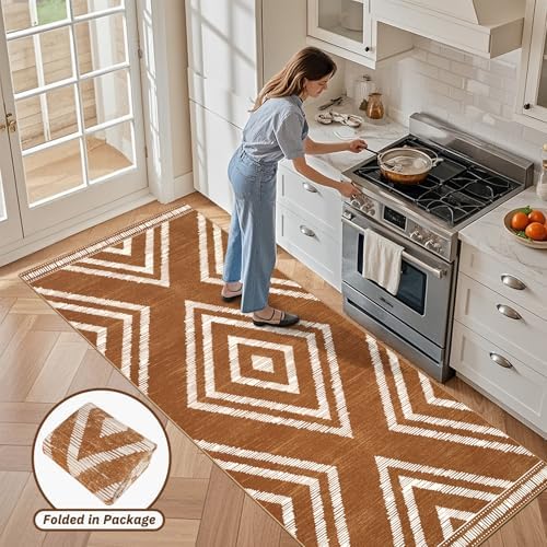 Boho 4x10 Hallway Runner Rugs Non Slip, Long Brown Washable Farmhouse Kitchen Rug Runners Non Shedding, Moroccan Floor Carpets for Bedroom Entryway Living Room Home Decor - Image 4