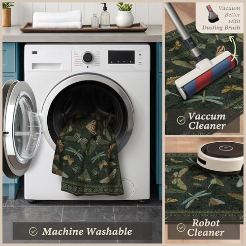 JTJ Vintage Insect Kitchen Rug Set of 3, Dark Green Washable Mats - Image 5