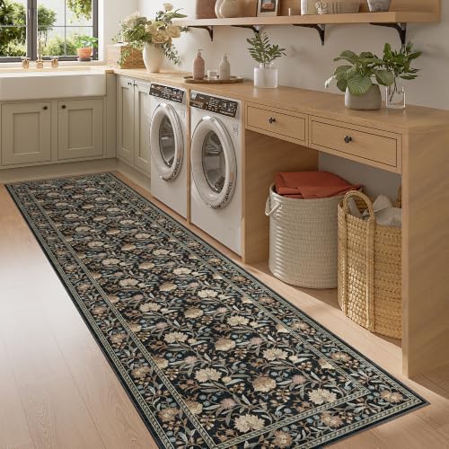 DUKINO 2x8 Runner Rug, Washable Vintage Floral Kitchen Rugs, Black - Image 3