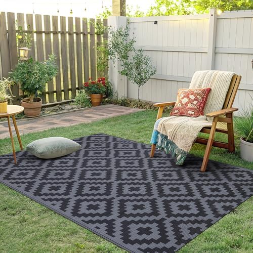 Smiry Outdoor Rug 4x6 ft Waterproof Reversible Boho Mat, Black & Grey - Image 6