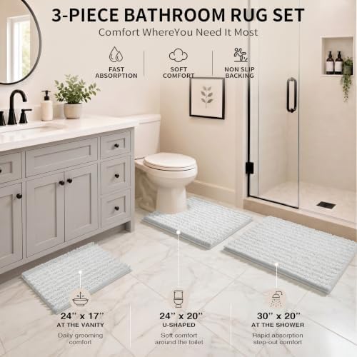 Yimobra Bathroom Rug Set 3 Piece, Super Water Absorbent Bath Mat Set, White - Image 2