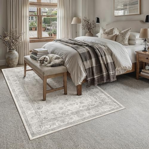 PureCozy Gray 5x7 Washable Area Rug Bedroom Vintage Distressed Carpet - Image 2