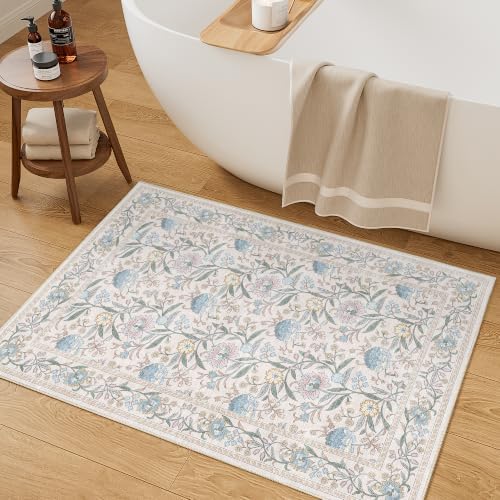 DUKINO 2x3 Rug, Washable Vintage Floral Bathroom Rugs Non Slip, Cream Blue - Image 5