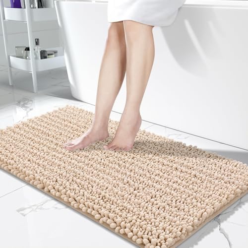 Yimobra Bathroom Runner Rug 55x24 Inch - Extra Long Non Slip Chenille Bath Mat, Soft & Absorbent, Machine Washable Shaggy Hallway Carpet for Vanity Tub Shower, Light Brown Home Decor Accessories by Yimobra