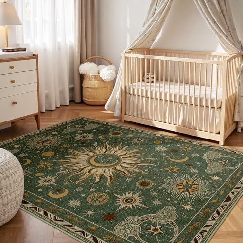 Vacuum-Friendly, 5x7 Washable Area Rug, Green Brown - Image 4