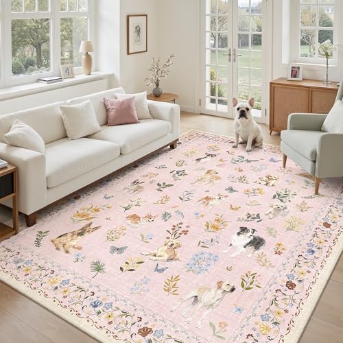 Soalmost Dog 5x7 Pink Area Rugs for Baby Girl Nursery, Washable Soft Rug - Image 2