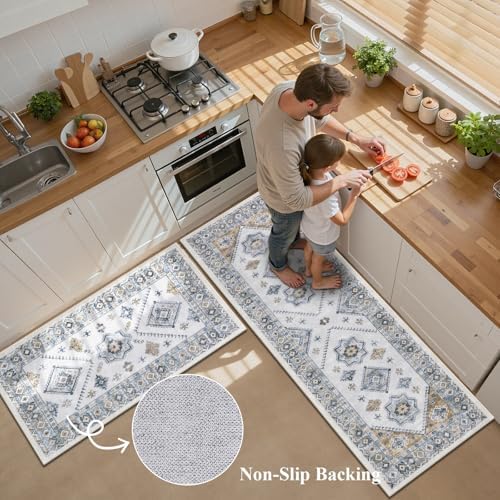HEBE Boho Kitchen Rugs Set of 3, Non Slip Washable Kitchen Mats for Floor - Image 3