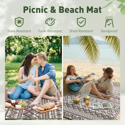 MontVoo Outdoor Rug Carpet Waterproof 5x8 Outdoor Patio Rug Mat Reverisble Plastic Straw Outdoor Rug for RV Camping Picnic Beach Balcony Boho Beige Brown - Image 5