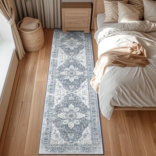 BESTSWEETIE 2x8 Area Rug Washable Rugs for Living Room, No Pile Boho Carpet for Entryway Bedroom Dinning Room, Vintage Carpet Print Distressed Non-Slip, 2 x 8 ft, Blue Grey White - Image 2