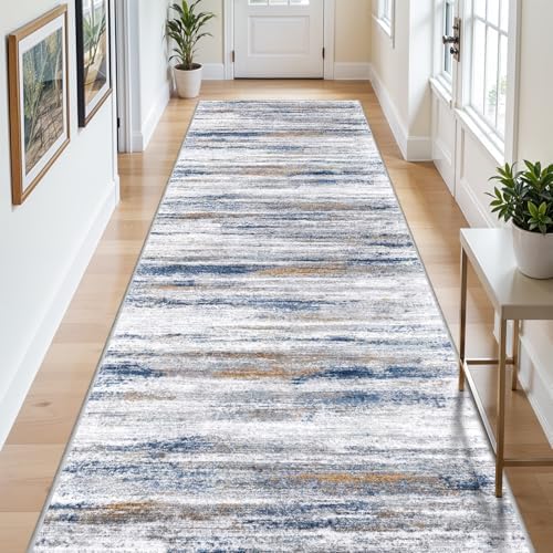 4x14 Extra Long Runner Rug: Straight Narrow Linear Hallway Carpet - Non Slip Washable Rugs for Long Entryway Kitchen Walkway Villa Corridor Decor Navy Grey by WIEVEDENS