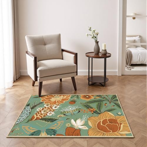 Tyrot Sage Green Boho Floral 2x3 Washable Kitchen & Entryway Rug Ultra-Thin Flat Woven Low Pile Botanical Butterfly Area Rug Non-Slip Indoor Door Mat for Bathroom Bedroom - Image 2