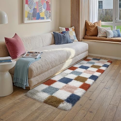 PureCozy Checkered Runner Rug 2x6 for Bedroom Soft Fluffy Shag Carpet - Image 4