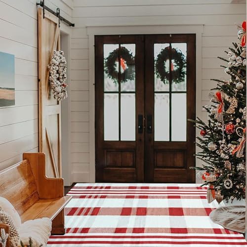 Christmas Plaid Outdoor Rug, 3' x 5' Red&White Check Indoor/Outdoor Area Rug, Layering Rug for Hello/Welcome Door Mat, Machine Washable Cotton Woven Rug for Farmhouse Front Porch, Entryway - Image 5