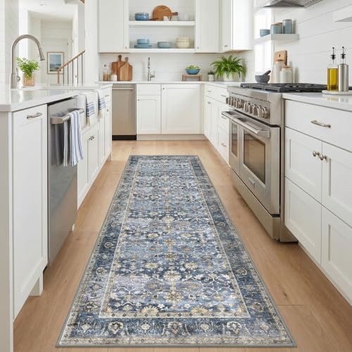 KUTA Vintage Washable Runner Rug 3x9 Blue Grey Beige Wide Hallway Runner - Image 2