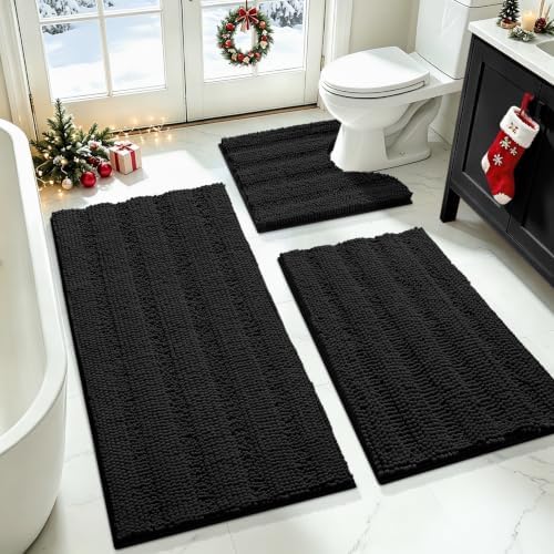 ACCUMTEK Striped Black Bathroom Rug Set 3 Pieces Ultra Soft, Non Slip Chenille Toilet Mat, Absorbent Plush Shaggy Bath Mats for Bathroom, Bedroom, Kitchen by ACCUMTEK