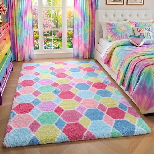 Checkered Pink Rainbow Area Rugs, Fluffy 5x8 Geometric Rug for Girl Bedroom - Image 6