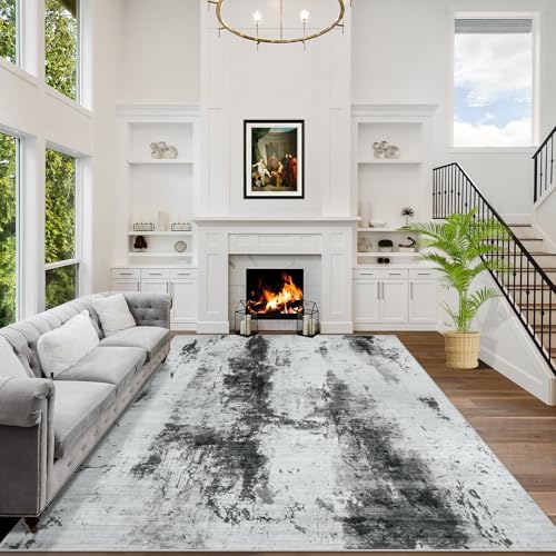 5x7 Area Rugs for Living Room: Washable Abstract Black White Grey Carpet by GENTDRIZZ