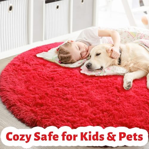 Amdrebio Red Fluffy Round Rug 5Ft for Kids Boys Bedroom Living Room Nursery - Image 4
