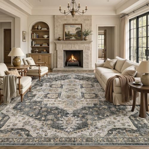 UERMEI 10x12 Area Rug for Living Room Washable Vintage Non Slip Black by UERMEI