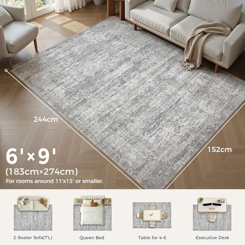 DMOYEST Area Rug Living Room Rugs - 6x9 Abstract Large Soft Indoor Washable Rug Neutral Modern Low Pile Carpet for Bedroom Dining Room Farmhouse Home Office - Vintage Grey - Image 2