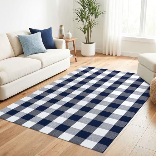 KILOCOCO Buffalo Plaid Checkered Rug 4x6 ft Blue and White Front Door Rug - Image 2